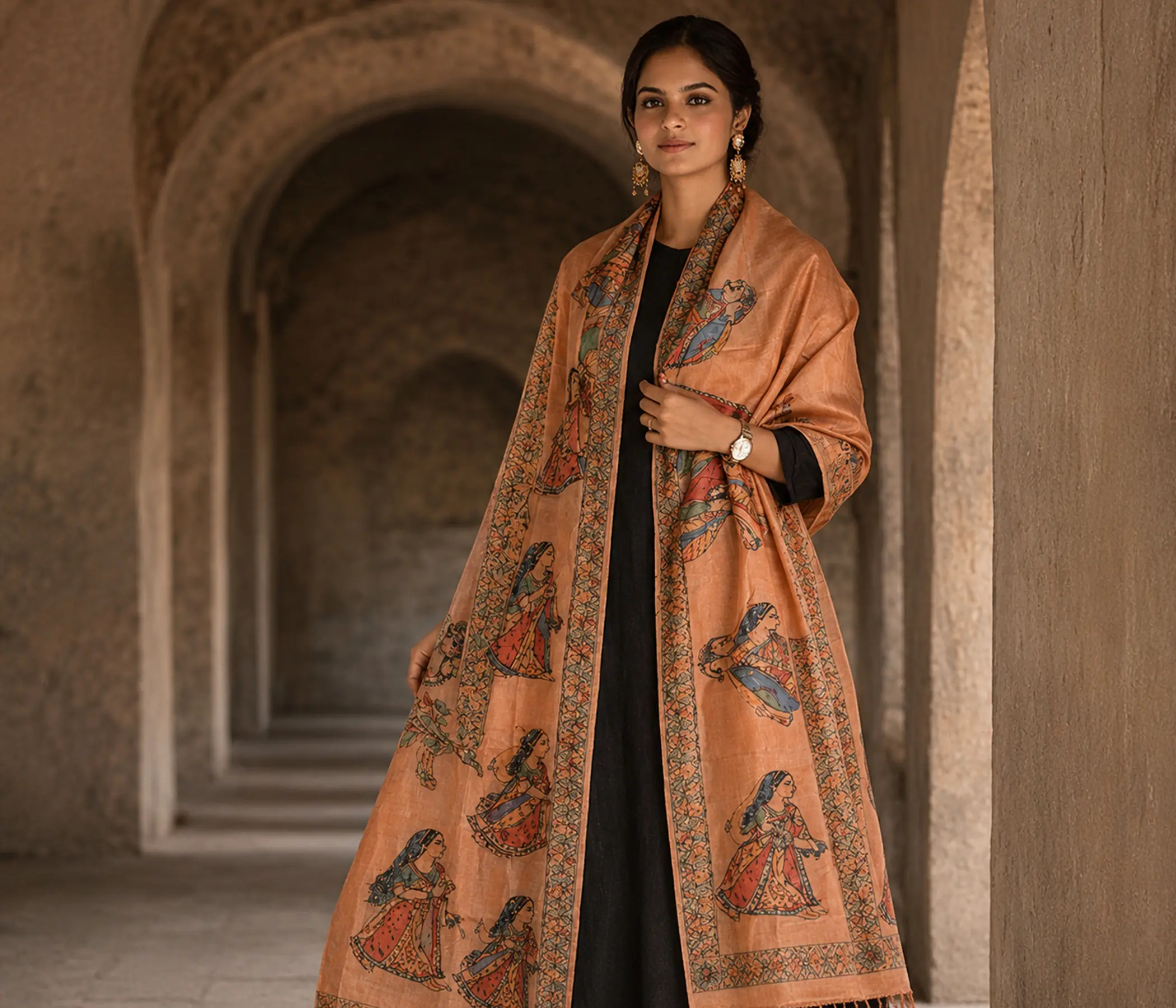 Madhubani Hand-painted Salmon Tussar Silk Dupatta